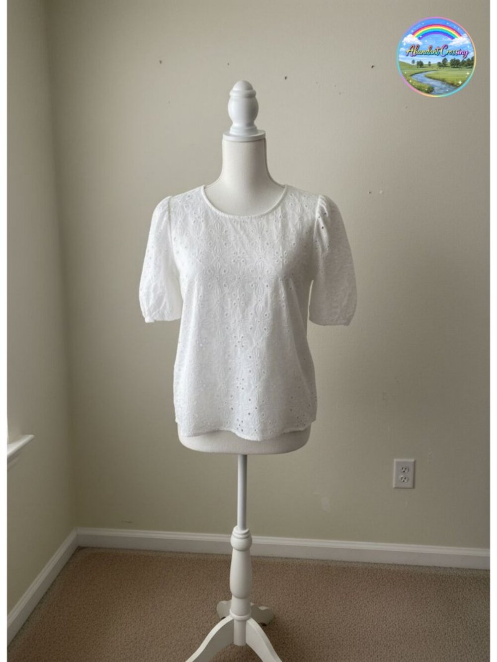 Embroidered Eyelet Short Puff Sleeve Blouse Crew Neck Cotton Top